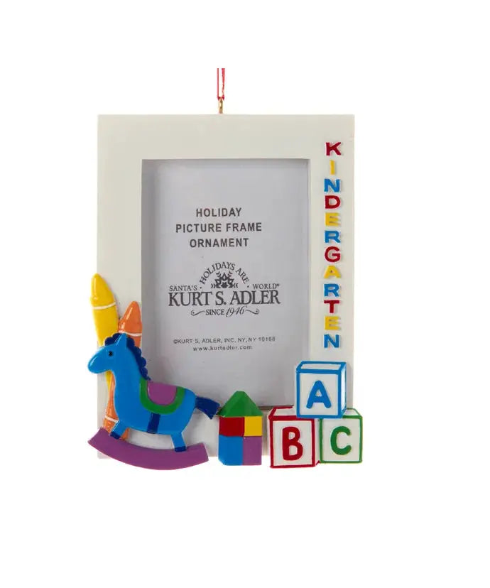 Kindergarten picture frame ornament with colorful blocks and rocking horse by Kurt S. Adler on Tampa Home & Garden Store