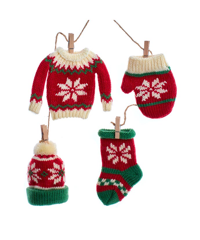 Christmas Knit Ornaments on a String, four red knitted pieces with white snowflakes on Tampa Home & Garden Store
