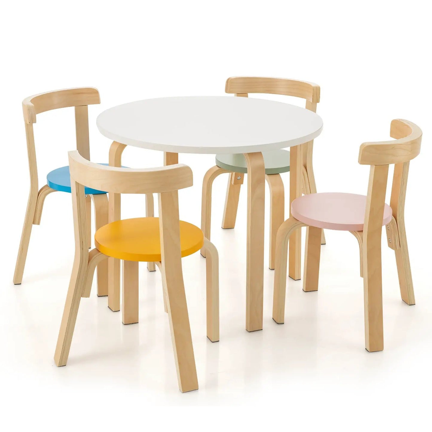5-Piece Kids Round Table and Chairs Set with white top and natural wood seats in pastel colors on Tampa Home & Garden Store