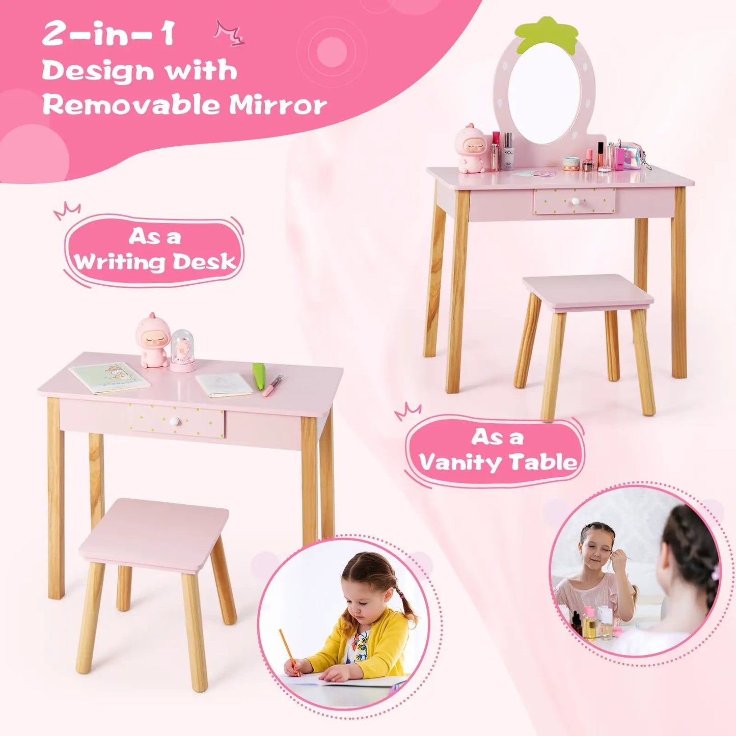 2-in-1 Children's Vanity Table and Mirror Pink with matching small desk and stool, wood legs on Tampa Home & Garden Store