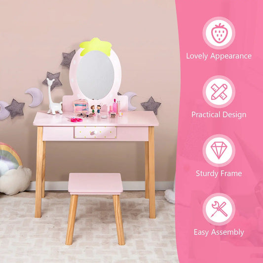2-in-1 children vanity table with mirror in pink, includes stool and wooden legs on Tampa Home & Garden Store