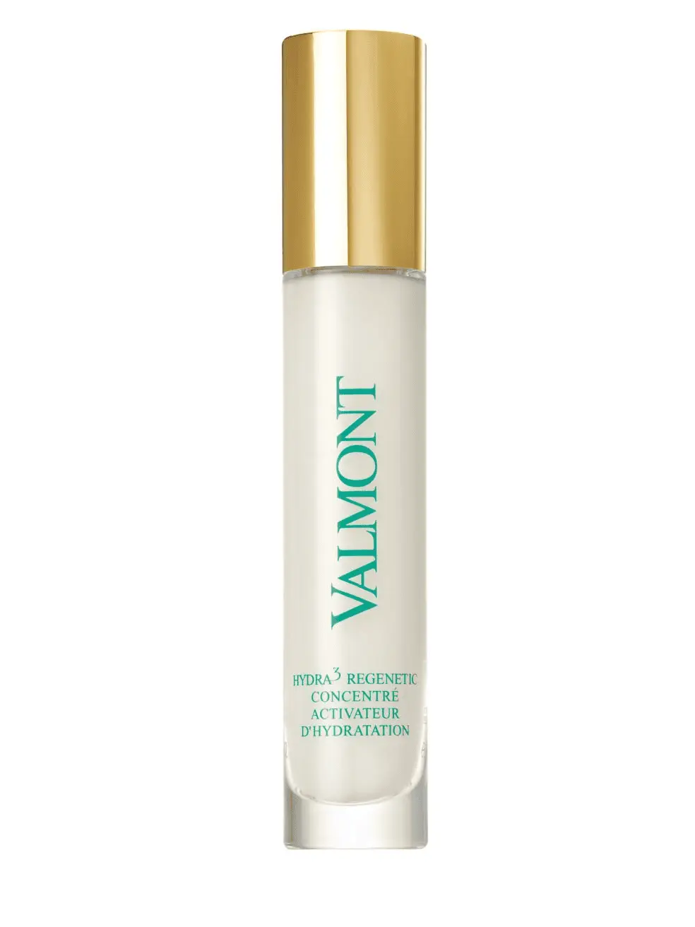 Valmont Hydra3 Regenetic Serum bottle, white with teal logo, gold cap, for face serums on Tampa Home & Garden Store