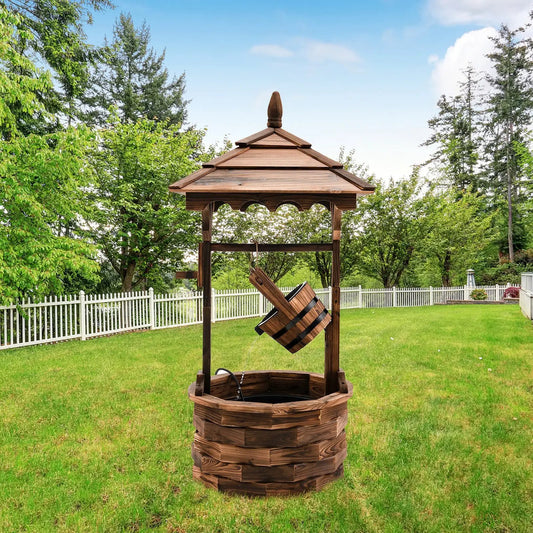Patio wooden water fountain with electric pump, brown stained wood for outdoor garden decor on Tampa Home & Garden Store