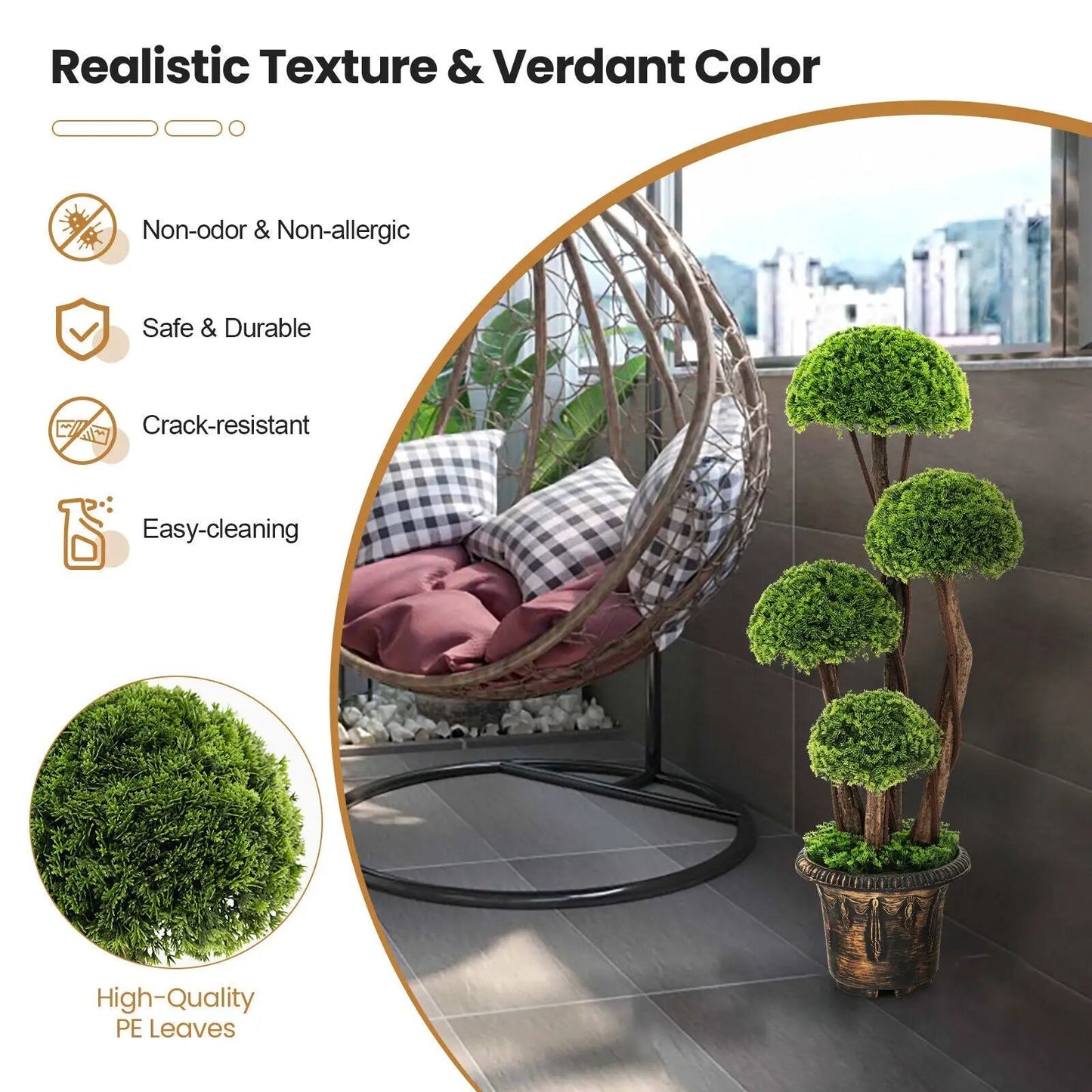 3 ft Cedar Topiary Tree with Rattan Trunk, artificial tree with PE leaves in decorative pot on Tampa Home & Garden Store