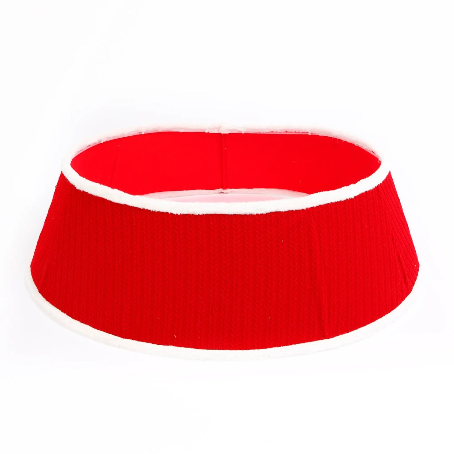 Red knit tree collar with white faux fur trim for festive decor on Tampa Home & Garden Store
