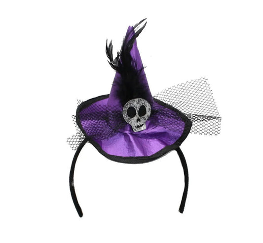 Witch Hat Headband with purple hat, black veil, feather plume and glitter skull on Tampa Home & Garden Store