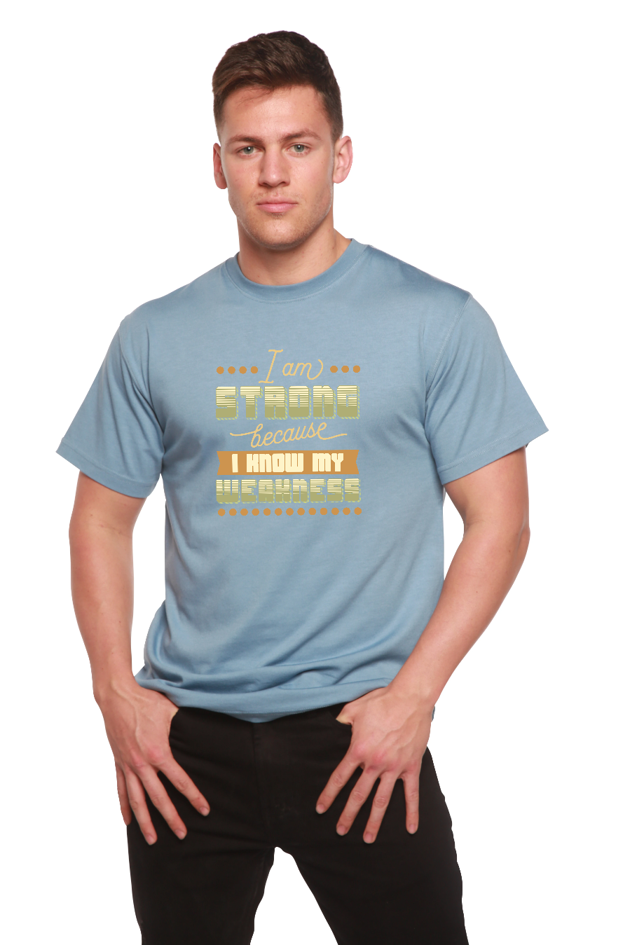 I am Strong bamboo viscose/organic cotton short sleeve graphic Tshirt for men, blue, Spun Bamboo on Tampa Home & Garden Store