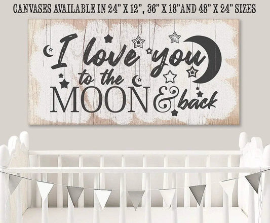 Canvas wall art I Love You to the Moon and Back with rustic whitewashed wood background and moon stars on Tampa Home & Garden Store