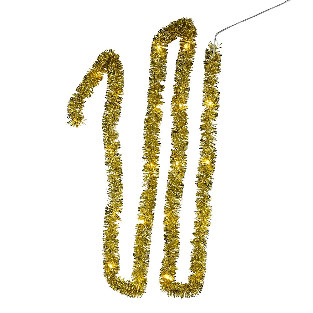 Lighted gold tinsel garland with warm white LEDs on Tampa Home & Garden Store