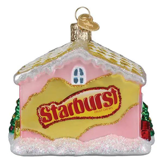 Starburst Cottage Glass Ornament and Color Burst pink yellow cottage with glitter snow on Tampa Home & Garden Store