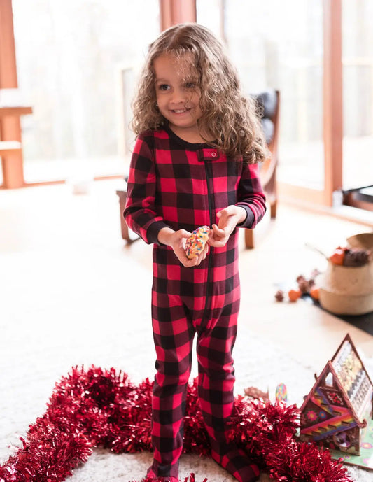Kids footed cotton pajama onesie in black and red plaid by The Country Christmas Loft on Tampa Home & Garden Store