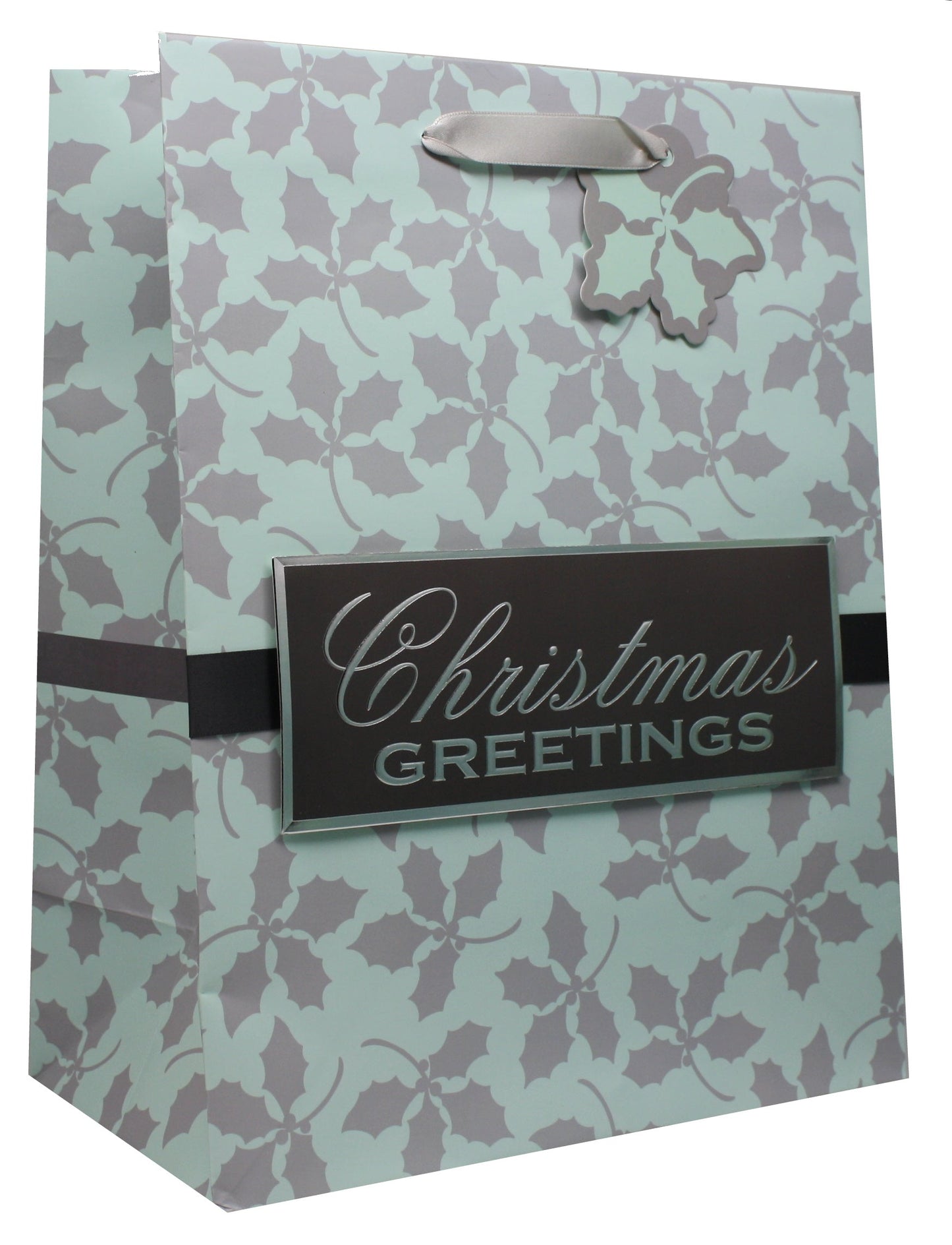 Traditional handmade Christmas gift bag with mint gray holly pattern and silver handle on Tampa Home & Garden Store