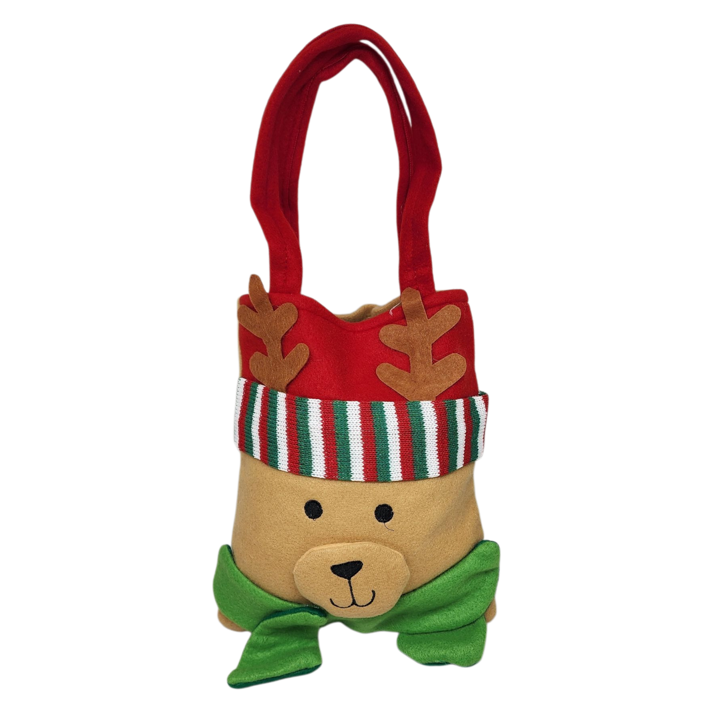 Christmas Friends Handbag Reindeer gift bag in red plush with striped cuff on Tampa Home & Garden Store
