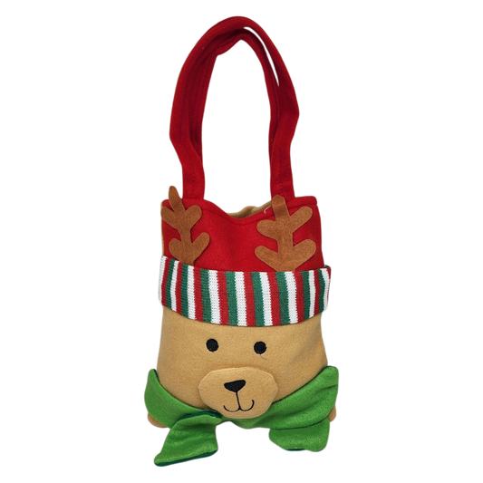 Christmas Friends Handbag Reindeer gift bag in red plush with striped cuff on Tampa Home & Garden Store