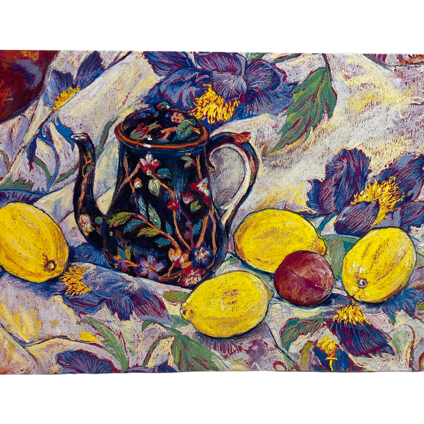 Tea Time Blank Greeting Card With Watercolor still-life of floral pitcher and bright lemons on Tampa Home & Garden Store