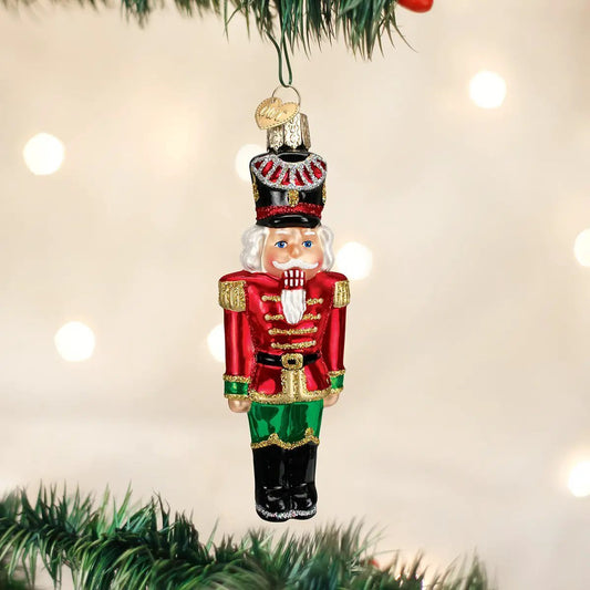 Nutcracker Soldier Glass Ornament Regal Red coat with gold trim and green pants on Tampa Home & Garden Store