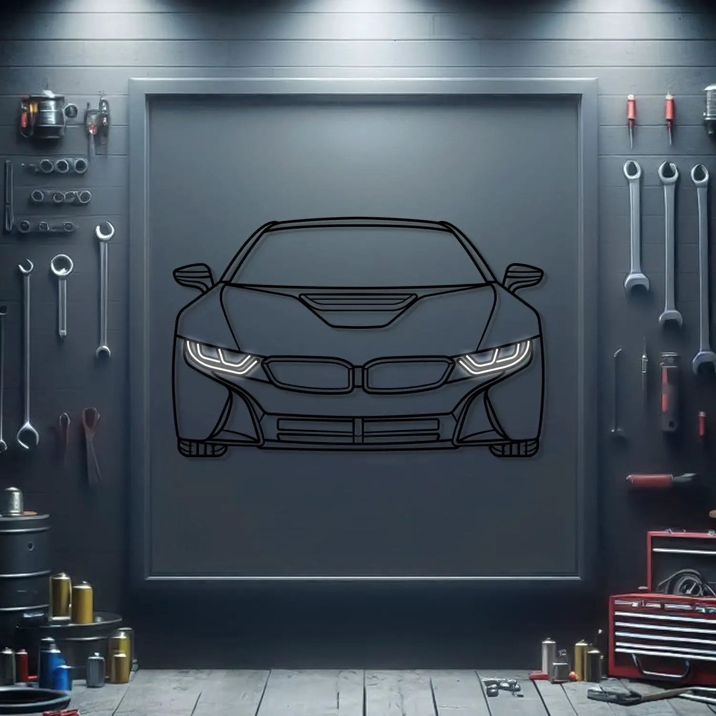 I8 Front View Metal Neon Car Wall Art with glowing headlights on a garage door on Tampa Home & Garden Store