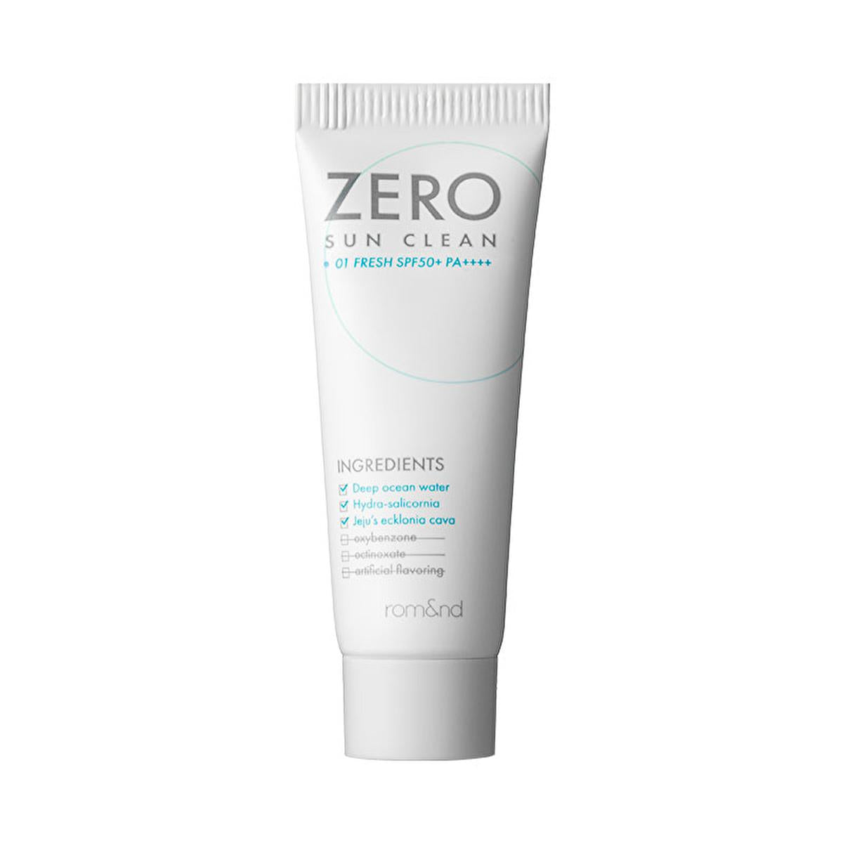 rom&nd Zero Sun Clean SPF50+ sunscreen tube, white packaging with light blue circle graphic on Tampa Home & Garden Store