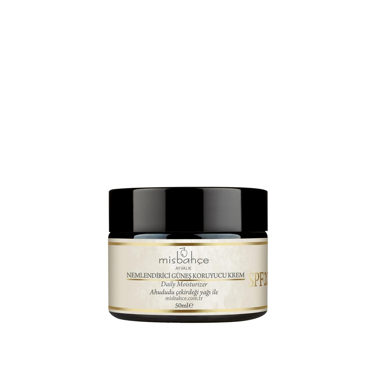 Misbahçe sunscreen cream SPF20 jar with black lid and beige label by Beauty Care Bag on Tampa Home & Garden Store