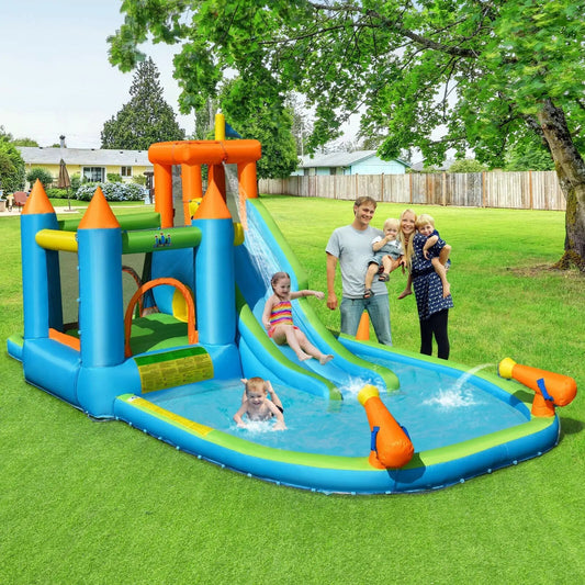 Inflatable Water Slide Bounce House with Blower in blue and orange, set up in a backyard on Tampa Home & Garden Store