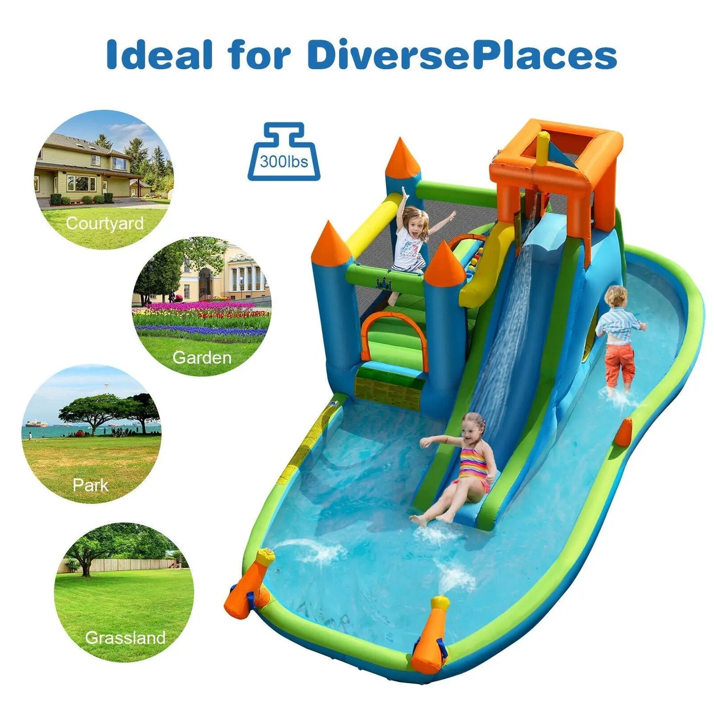 Inflatable water slide bounce house with blower in blue/green/orange, DirectDeals on Tampa Home & Garden Store