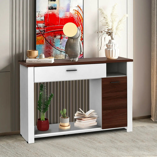 48 inch console table with drawer and cabinet, white frame with dark wood top on Tampa Home & Garden Store