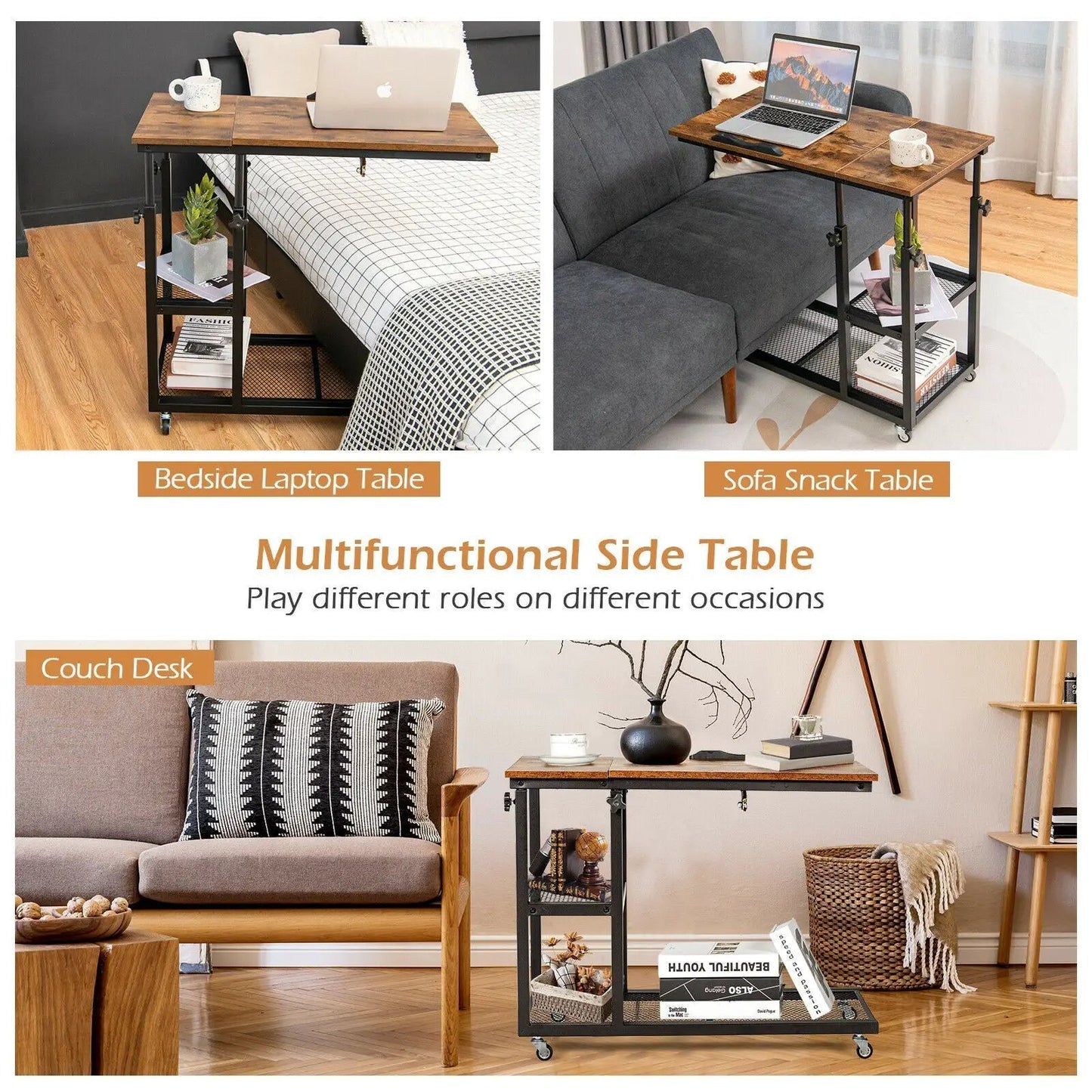 Adjustable C-Shaped Bedside Table with wood top and black metal frame; two configurations on Tampa Home & Garden Store