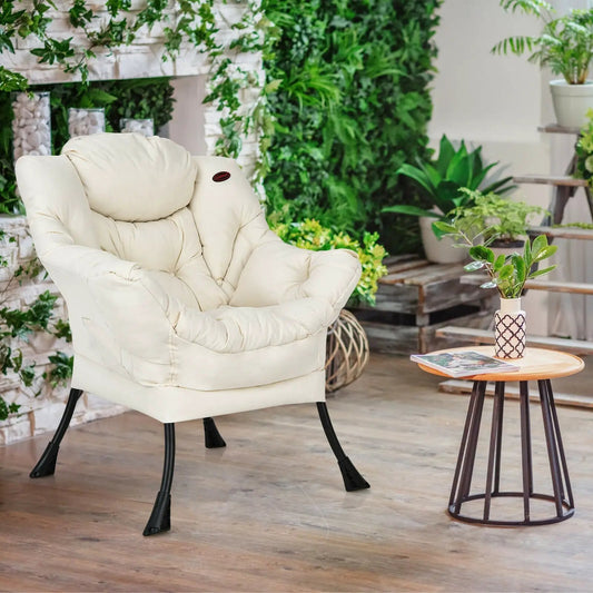 Polyester fabric lazy chair with steel frame, beige DirectDeals armchair in a garden setting on Tampa Home & Garden Store