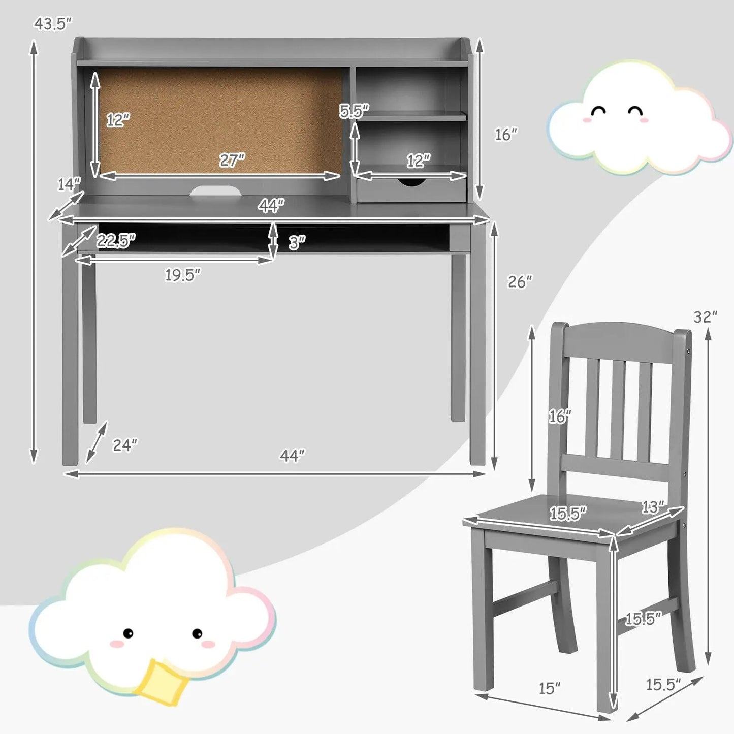 Kids Desk and Chair Set with Hutch and Storage gray DirectDeals two-piece on Tampa Home & Garden Store