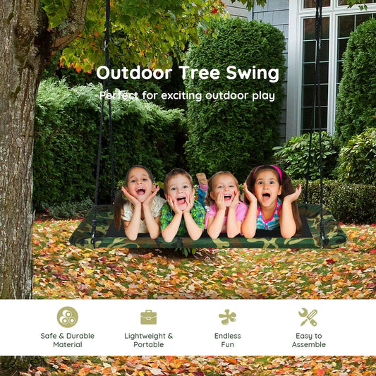 60 Inches Platform Tree Swing with camo seat and hanging straps; five kids smiling on outdoor swing on Tampa Home & Garden Store