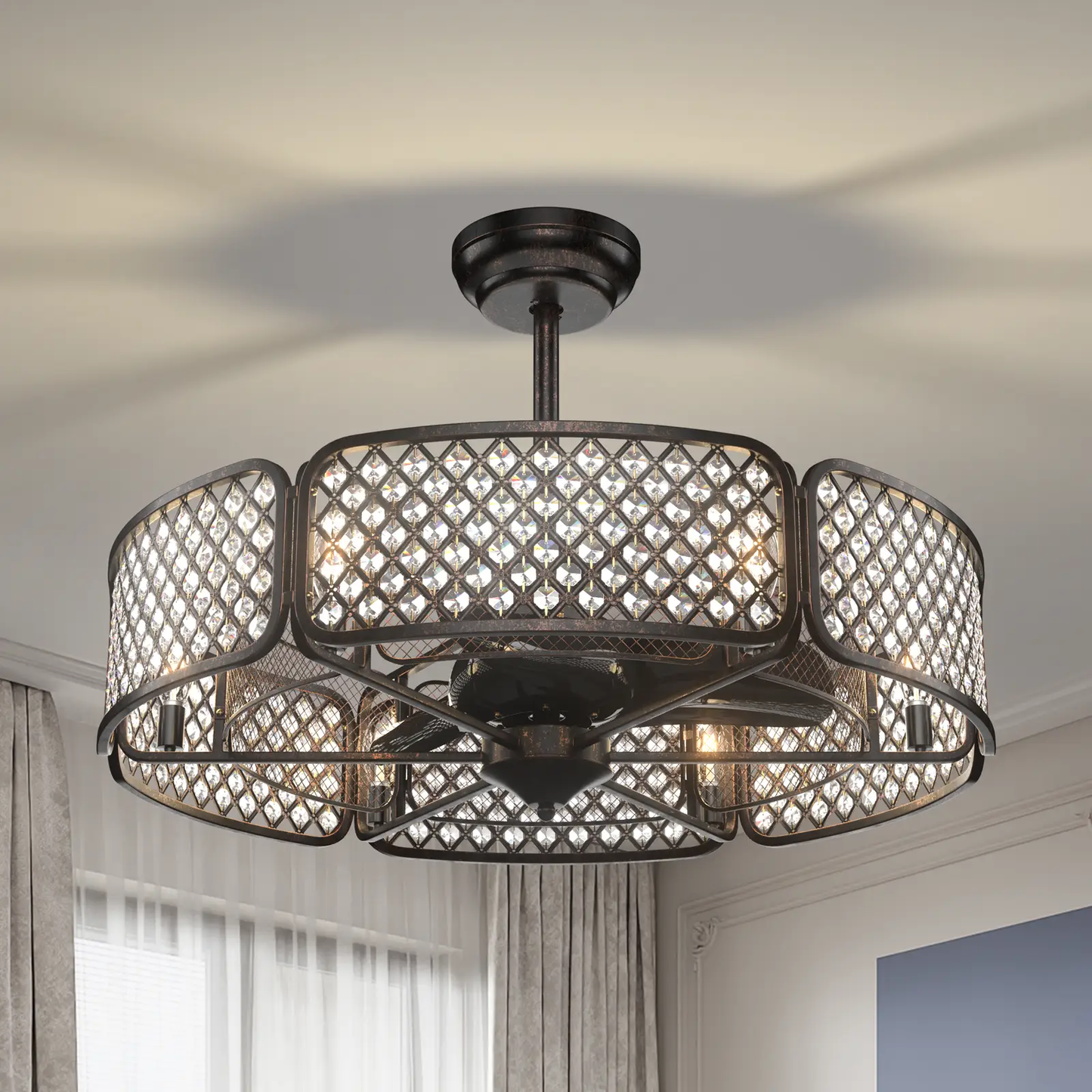 30-inch caged ceiling fan with crystal lampshade in antique bronze finish, six-light design on Tampa Home & Garden Store