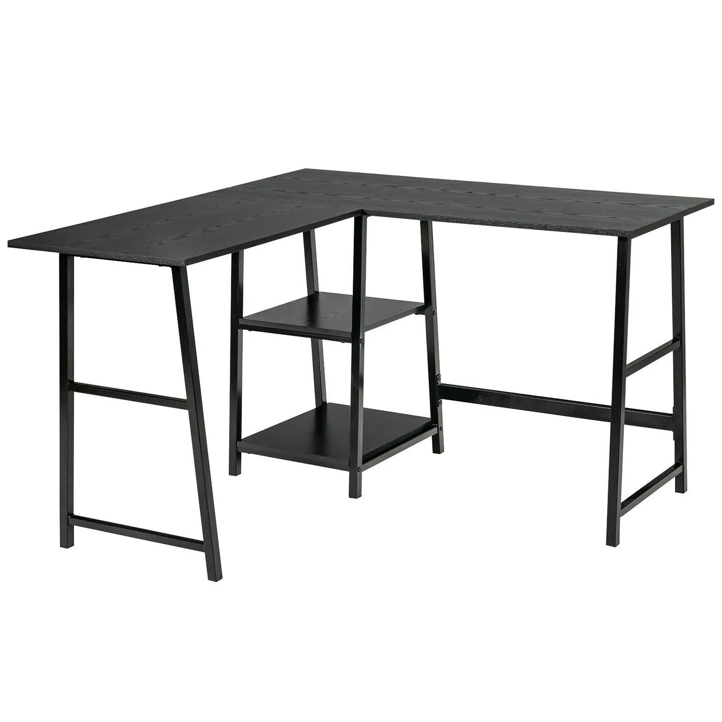 L-shaped corner computer desk with built-in storage shelves, black wood grain finish on Tampa Home & Garden Store