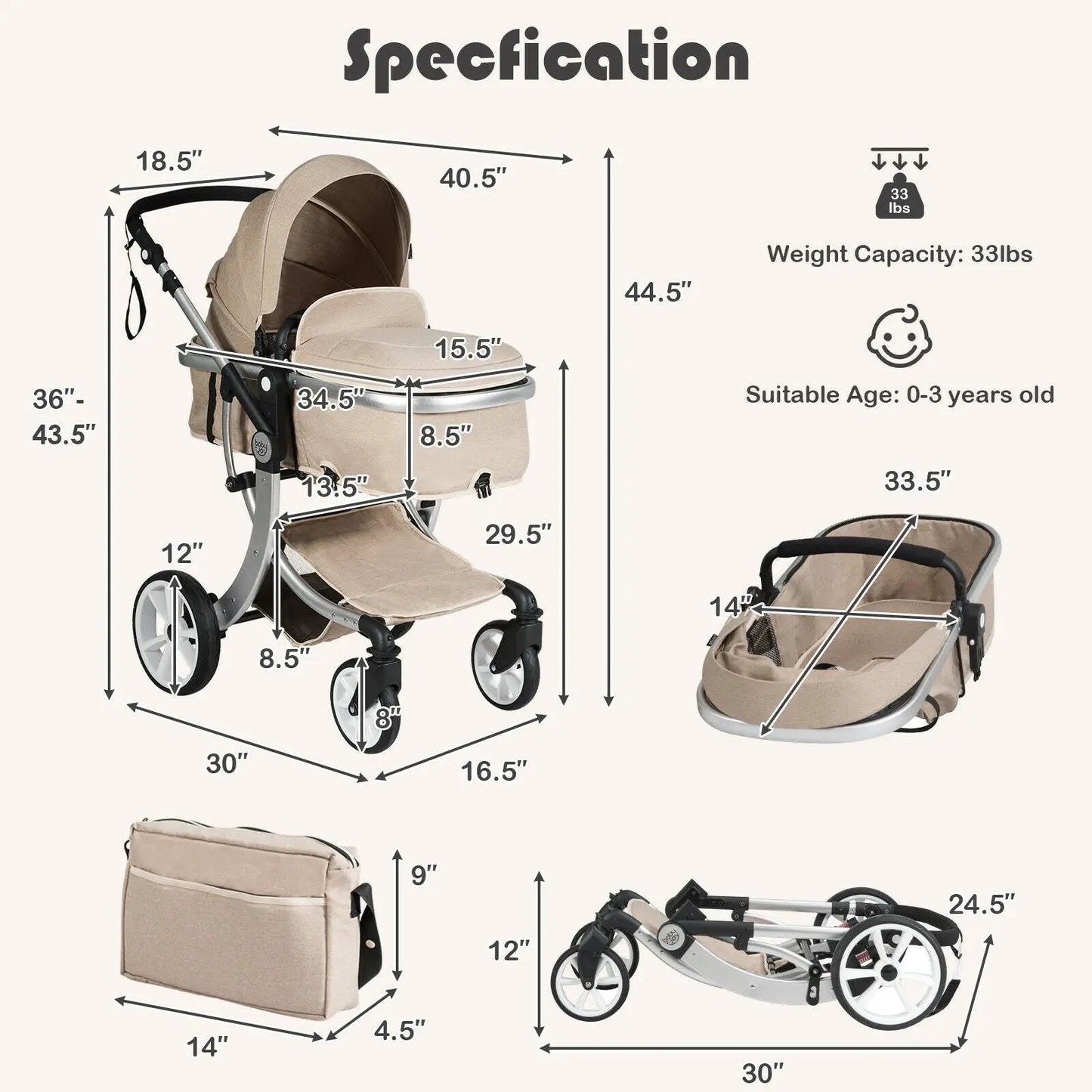 Folding aluminum infant stroller with beige fabric and diaper bag DirectDeals on Tampa Home & Garden Store