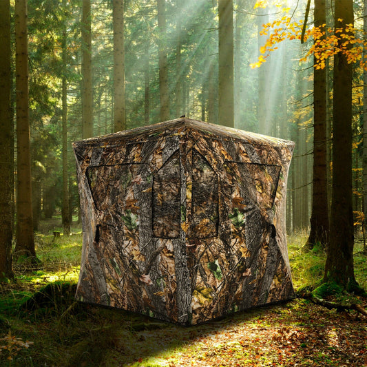 GemGear 3-person pop-up hunting blind in camouflage with window panels in forest setting on Tampa Home & Garden Store