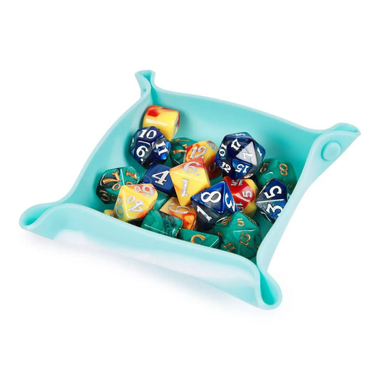 Campaign Dice Set for RPGs from Spin in a turquoise dice tray with multicolor polyhedral dice on Tampa Home & Garden Store