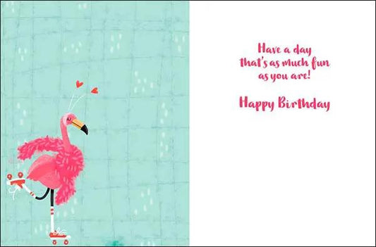 Notion Kind of Weird Birthday greeting card, pink flamingo on teal background with message on Tampa Home & Garden Store