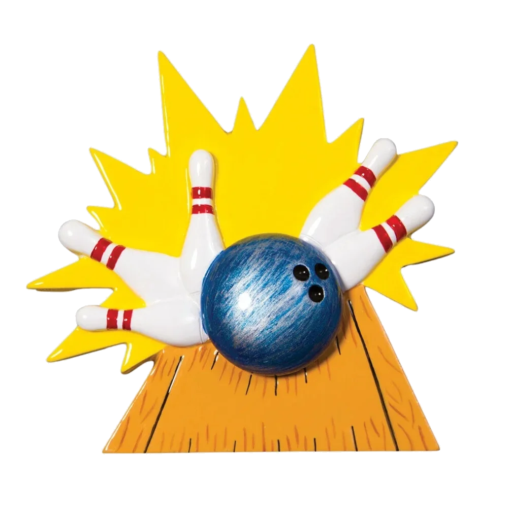 Strike Bowling Ornament Explosion with blue bowling ball, white pins and yellow burst on orange base on Tampa Home & Garden Store