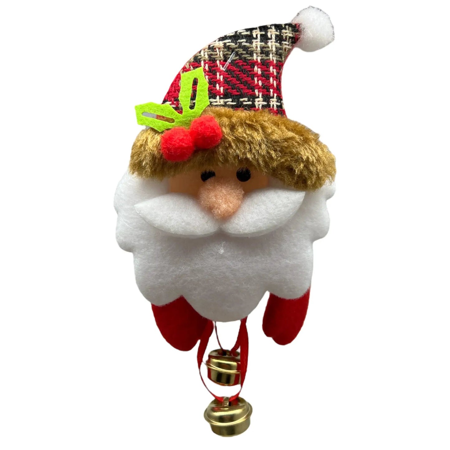 Plush Santa ornament with bells, red plaid hat, white fur trim, brown fuzzy hair, hanging bell on Tampa Home & Garden Store