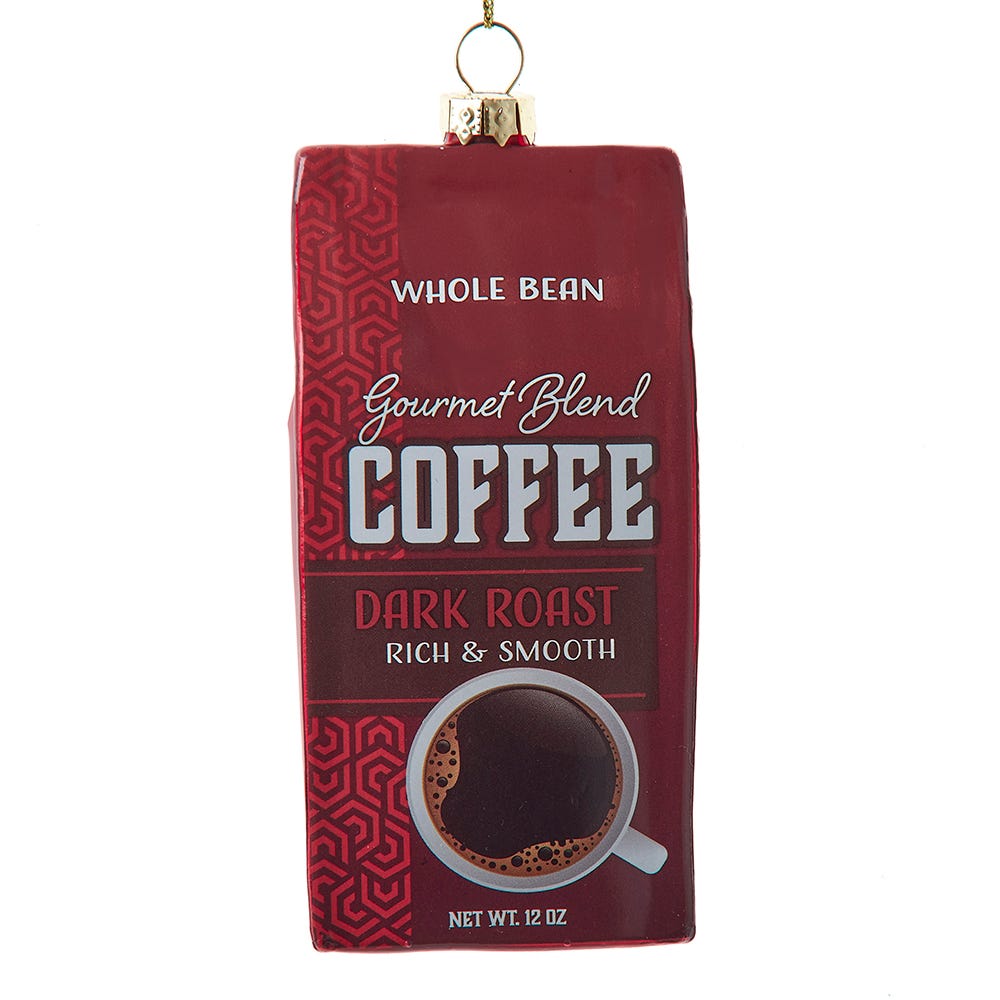 Ornement en verre représentant un sachet de café torréfié foncé
