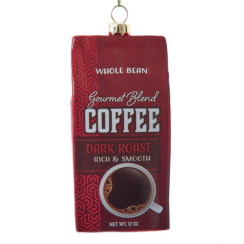 Glass Dark Roast Coffee Bag Ornament in red glass with coffee cup by The Country Christmas Loft on Tampa Home & Garden Store