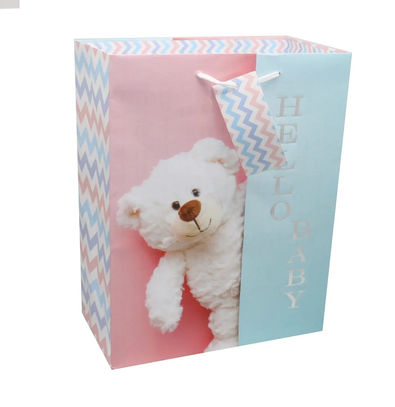 Hello Baby Gift Bag with Coordinating Tag, pastel pink and blue panels and teddy bear image on Tampa Home & Garden Store