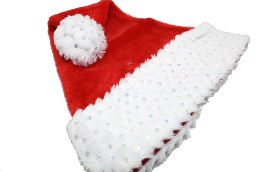 Sequined plush Santa hat with red velvet exterior and white sequin cuff and pom on Tampa Home & Garden Store