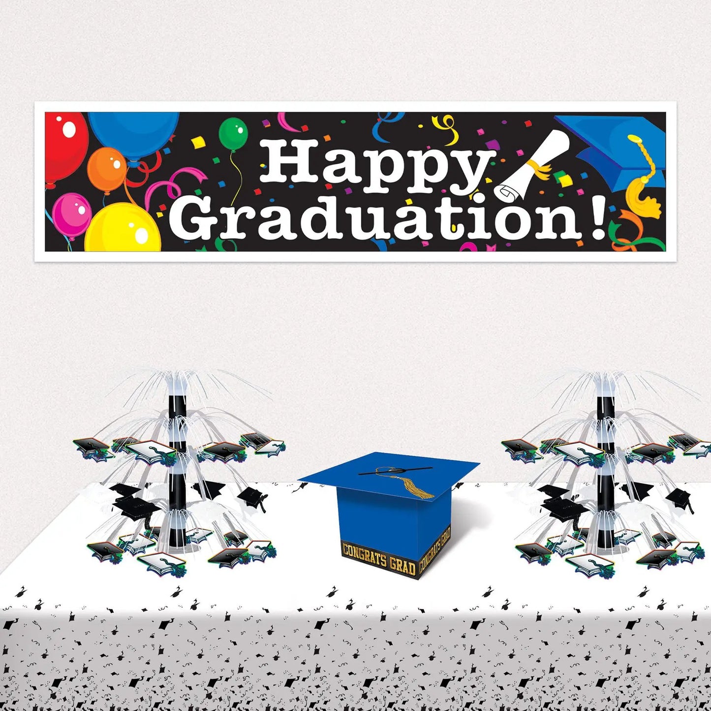 5 Foot Graduation Banners set of two, black background with colorful balloons and confetti on Tampa Home & Garden Store