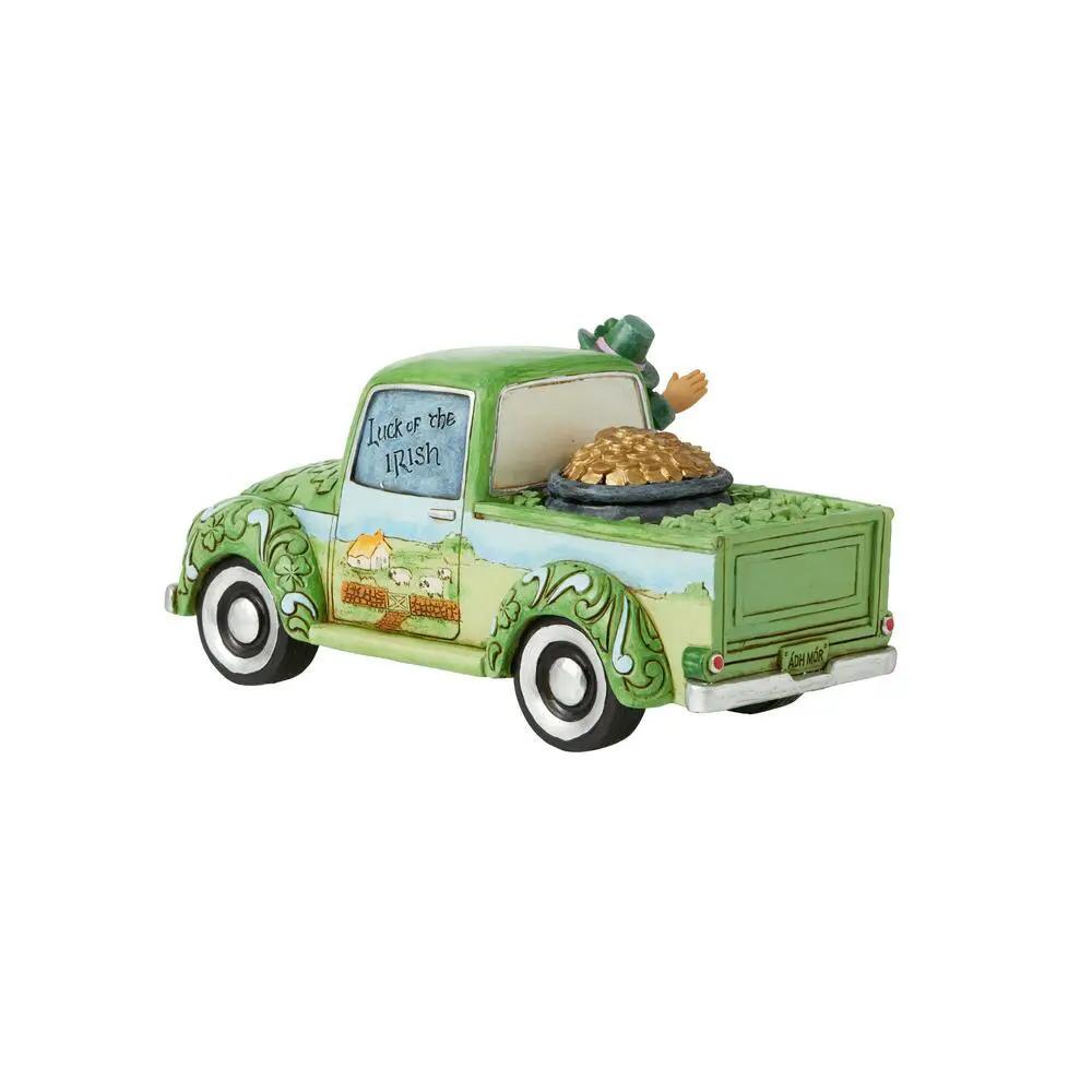 Jim Shore Leprechaun in Green Truck figurine, green vintage pickup with gold pot on Tampa Home & Garden Store