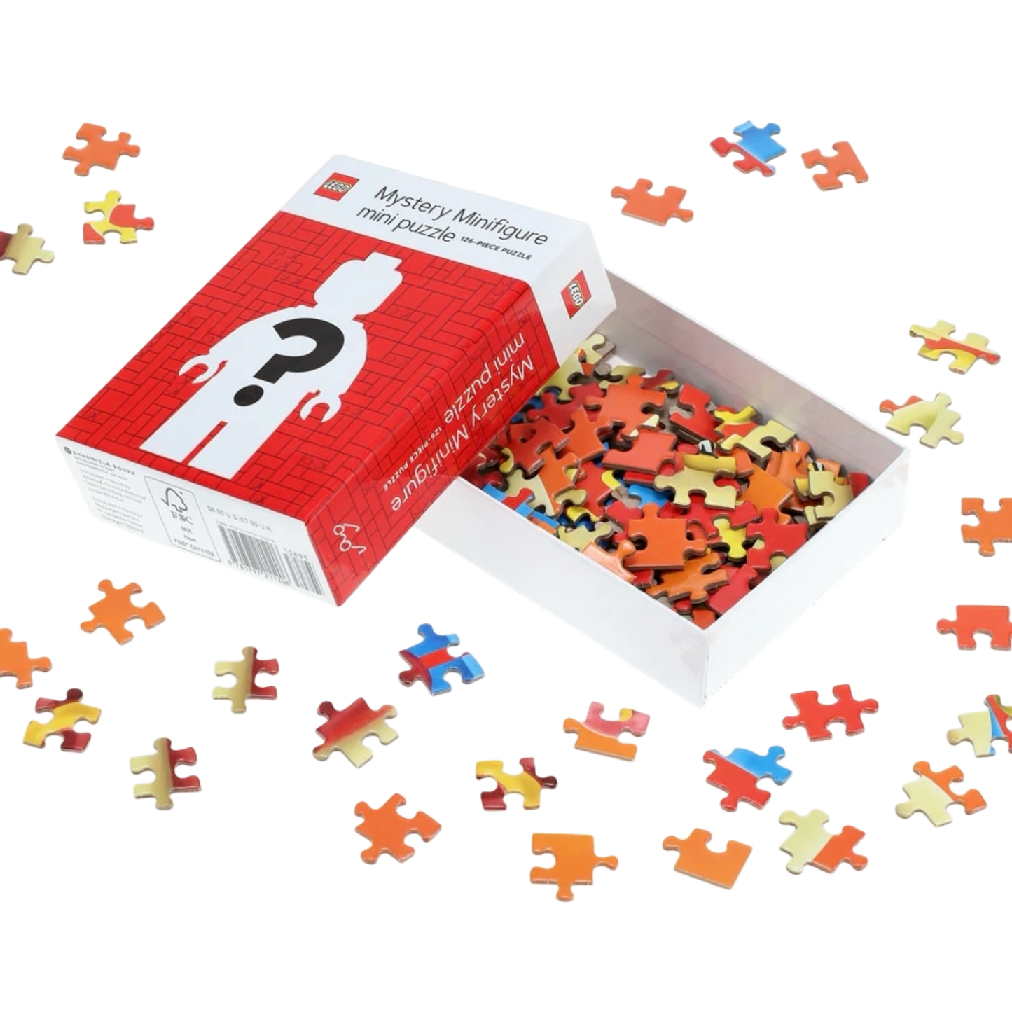 Lego Mystery Minifigure Mini Puzzle Red Edition box open with colorful scattered puzzle pieces on Tampa Home & Garden Store