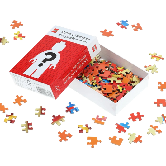 Lego Mystery Minifigure Mini Puzzle Red Edition box open with colorful scattered puzzle pieces on Tampa Home & Garden Store
