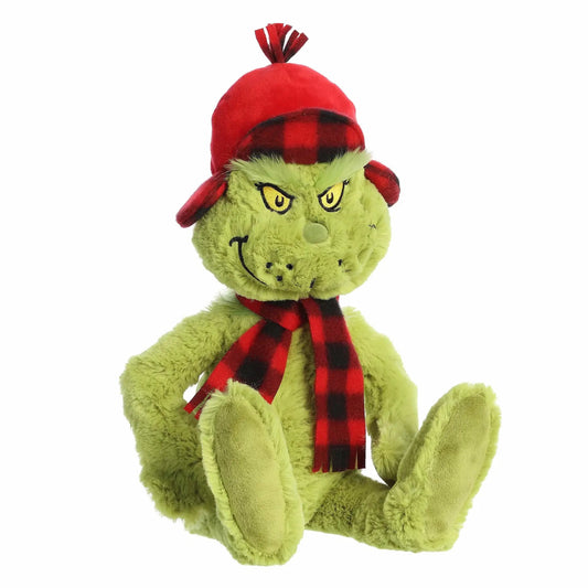 Wilderness Grinch Plush with green fur coat, red hat and plaid scarf on Tampa Home & Garden Store