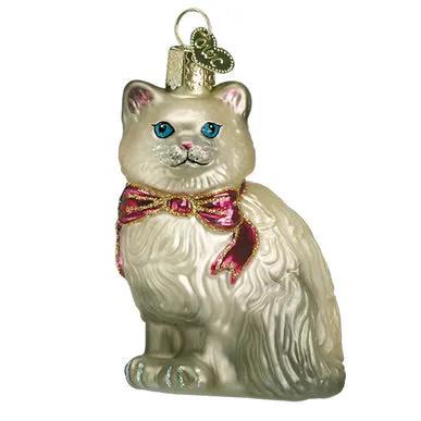 Old World Christmas Grey Himalayan Kitty Ornament glass cat with pink bow and blue eyes on Tampa Home & Garden Store