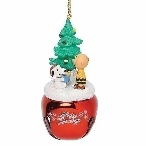 Jingle Buddie Peanuts Gift Exchange Bell Ornament with Snoopy and Charlie Brown on red bell on Tampa Home & Garden Store