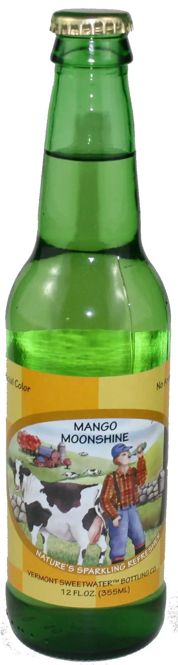 Vermont Sweetwater Mango Moonshine Soda green glass bottle with farm scene label on Tampa Home & Garden Store